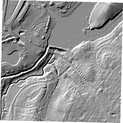 Shaded relief map of the ground around RH122QT, computed from Environment Agency LiDAR. The ground here sits at about 40 m above sea level and falls 18 m across the surrounding 800 m. Surface water reaching this point runs off ground lying to the east-south-east, 14.6 m higher.