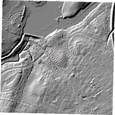 Shaded relief map of the ground around RH122QU, computed from Environment Agency LiDAR. The ground here sits at about 47 m above sea level and falls 21 m across the surrounding 800 m. Surface water reaching this point runs off ground lying to the east-south-east, 3.0 m higher.