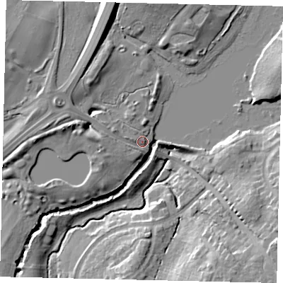 Shaded relief map of the ground around RH122RA, computed from Environment Agency LiDAR. The ground here sits at about 43 m above sea level and falls 16 m across the surrounding 800 m. Surface water reaching this point runs off ground lying to the west-north-west, 8.1 m higher.