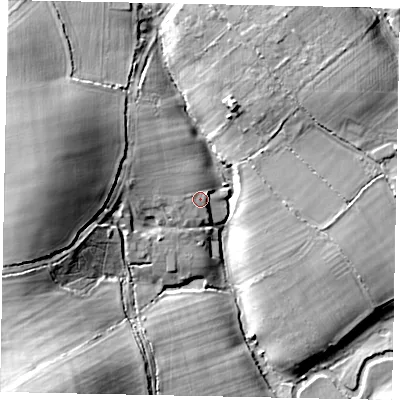Shaded relief map of the ground around RH123BP, computed from Environment Agency LiDAR. The ground here sits at about 21 m above sea level and falls 22 m across the surrounding 800 m. Surface water reaching this point runs off ground lying to the west-north-west, 6.7 m higher.