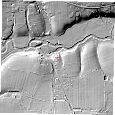 Shaded relief map of the ground around RH123JG, computed from Environment Agency LiDAR. The ground here sits at about 22 m above sea level and falls 16 m across the surrounding 800 m. Surface water reaching this point runs off ground lying to the south-south-east, 11.2 m higher.