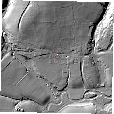 Shaded relief map of the ground around RH123JJ, computed from Environment Agency LiDAR. The ground here sits at about 26 m above sea level and falls 26 m across the surrounding 800 m. Surface water reaching this point runs off ground lying to the north-north-west, 18.0 m higher.