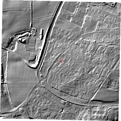 Shaded relief map of the ground around RH123LN, computed from Environment Agency LiDAR. The ground here sits at about 35 m above sea level and falls 16 m across the surrounding 800 m. Surface water reaching this point runs off ground lying to the east-south-east, 8.4 m higher.