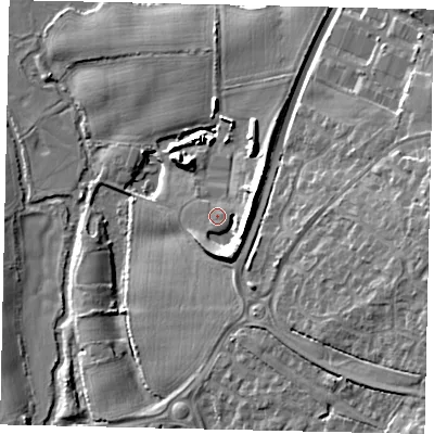 Shaded relief map of the ground around RH123LR, computed from Environment Agency LiDAR. The ground here sits at about 31 m above sea level and falls 13 m across the surrounding 800 m. Surface water reaching this point runs off ground lying to the east-south-east, 1.0 m higher.