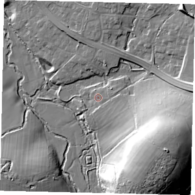 Shaded relief map of the ground around RH123NA, computed from Environment Agency LiDAR. The ground here sits at about 33 m above sea level and falls 31 m across the surrounding 800 m. Surface water reaching this point runs off ground lying to the east-south-east, 1.3 m higher.