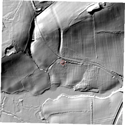 Shaded relief map of the ground around RH123PG, computed from Environment Agency LiDAR. The ground here sits at about 35 m above sea level and falls 42 m across the surrounding 800 m. Surface water reaching this point runs off ground lying to the north, 3.4 m higher.