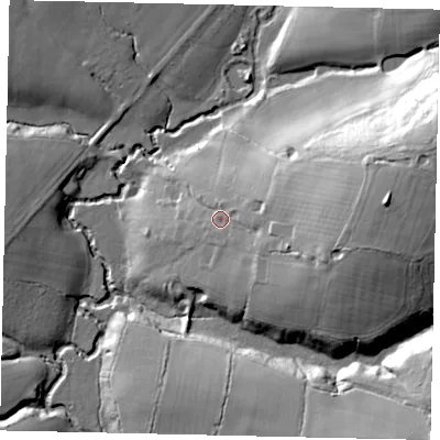 Shaded relief map of the ground around RH123PT, computed from Environment Agency LiDAR. The ground here sits at about 41 m above sea level and falls 38 m across the surrounding 800 m. Surface water reaching this point runs off ground lying to the east, 17.5 m higher.