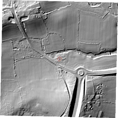 Shaded relief map of the ground around RH123QQ, computed from Environment Agency LiDAR. The ground here sits at about 46 m above sea level and falls 17 m across the surrounding 800 m. Surface water reaching this point runs off ground lying to the south-south-west, 0.8 m higher.