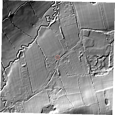 Shaded relief map of the ground around RH124RG, computed from Environment Agency LiDAR. The ground here sits at about 75 m above sea level and falls 23 m across the surrounding 800 m. Surface water reaching this point runs off ground lying to the south-south-east, 15.0 m higher.