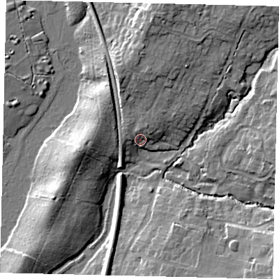 Shaded relief map of the ground around RH125HH, computed from Environment Agency LiDAR. The ground here sits at about 45 m above sea level and falls 13 m across the surrounding 800 m. Surface water reaching this point runs off ground lying to the north-north-west, 8.4 m higher.