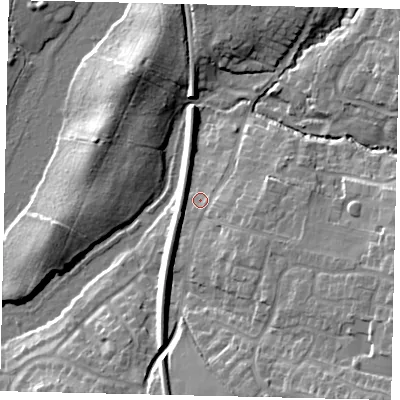 Shaded relief map of the ground around RH125HP, computed from Environment Agency LiDAR. The ground here sits at about 44 m above sea level and falls 15 m across the surrounding 800 m. Surface water reaching this point runs off ground lying to the south-east, 12.9 m higher.