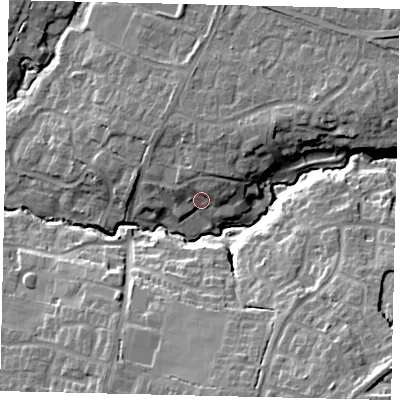 Shaded relief map of the ground around RH125PU, computed from Environment Agency LiDAR. The ground here sits at about 48 m above sea level and falls 21 m across the surrounding 800 m. Surface water reaching this point runs off ground lying to the north-north-east, 5.2 m higher.