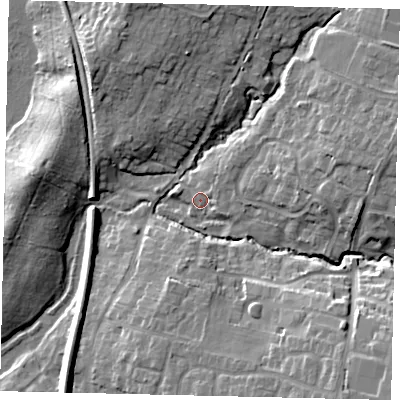 Shaded relief map of the ground around RH125QA, computed from Environment Agency LiDAR. The ground here sits at about 43 m above sea level and falls 16 m across the surrounding 800 m. Surface water reaching this point runs off ground lying to the east-north-east, 8.7 m higher.