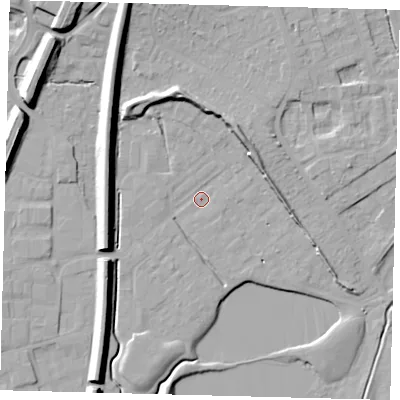 Shaded relief map of the ground around RH12FH, computed from Environment Agency LiDAR. The ground here sits at about 80 m above sea level and falls 15 m across the surrounding 800 m. Surface water reaching this point runs off ground lying to the north-north-west, 14.2 m higher.