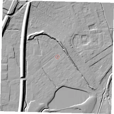 Shaded relief map of the ground around RH12FT, computed from Environment Agency LiDAR. The ground here sits at about 80 m above sea level and falls 15 m across the surrounding 800 m. Surface water reaching this point runs off ground lying to the north-north-east, 8.0 m higher.