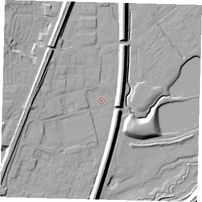 Shaded relief map of the ground around RH12GD, computed from Environment Agency LiDAR. The ground here sits at about 80 m above sea level and falls 15 m across the surrounding 800 m. Surface water reaching this point runs off ground lying to the north-west, 1.5 m higher.