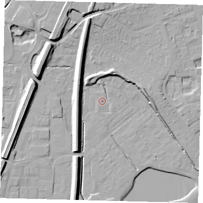 Shaded relief map of the ground around RH12GJ, computed from Environment Agency LiDAR. The ground here sits at about 81 m above sea level and falls 15 m across the surrounding 800 m. Surface water reaching this point runs off ground lying to the south-west, 1.5 m higher.