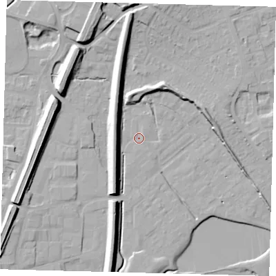 Shaded relief map of the ground around RH12GL, computed from Environment Agency LiDAR. The ground here sits at about 81 m above sea level and falls 15 m across the surrounding 800 m. Surface water reaching this point runs off ground lying to the north, 12.5 m higher.