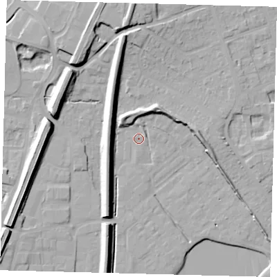 Shaded relief map of the ground around RH12GN, computed from Environment Agency LiDAR. The ground here sits at about 81 m above sea level and falls 16 m across the surrounding 800 m. Surface water reaching this point runs off ground lying to the south, 1.5 m higher.