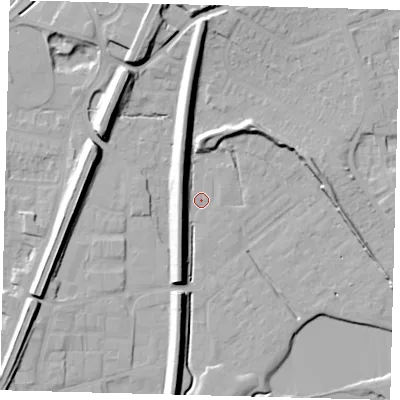 Shaded relief map of the ground around RH12GQ, computed from Environment Agency LiDAR. The ground here sits at about 81 m above sea level and falls 15 m across the surrounding 800 m. Surface water reaching this point runs off ground lying to the north, 12.5 m higher.