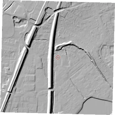 Shaded relief map of the ground around RH12GR, computed from Environment Agency LiDAR. The ground here sits at about 81 m above sea level and falls 16 m across the surrounding 800 m. Surface water reaching this point runs off ground lying to the north, 12.5 m higher.