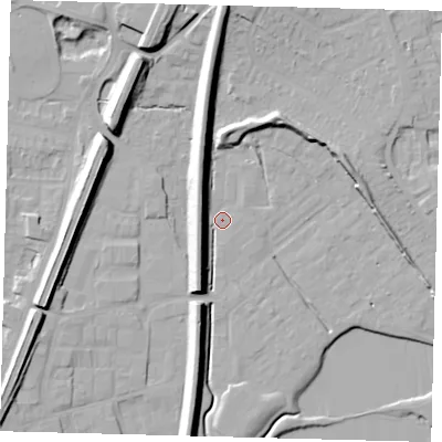 Shaded relief map of the ground around RH12GS, computed from Environment Agency LiDAR. The ground here sits at about 81 m above sea level and falls 15 m across the surrounding 800 m. Surface water reaching this point runs off ground lying to the north, 14.3 m higher.