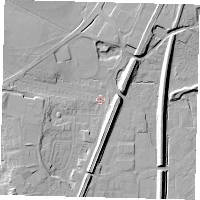 Shaded relief map of the ground around RH12JE, computed from Environment Agency LiDAR. The ground here sits at about 83 m above sea level and falls 15 m across the surrounding 800 m. Surface water reaching this point runs off ground lying to the west-south-west, 8.7 m higher.