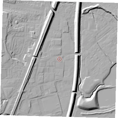 Shaded relief map of the ground around RH12LH, computed from Environment Agency LiDAR. The ground here sits at about 82 m above sea level and falls 14 m across the surrounding 800 m. Surface water reaching this point runs off ground lying to the north-north-west, 9.2 m higher.