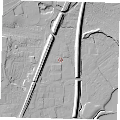 Shaded relief map of the ground around RH12LW, computed from Environment Agency LiDAR. The ground here sits at about 82 m above sea level and falls 15 m across the surrounding 800 m. Surface water reaching this point runs off ground lying to the north-north-west, 9.5 m higher.