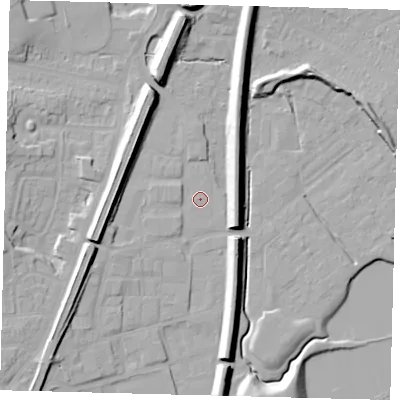 Shaded relief map of the ground around RH12LX, computed from Environment Agency LiDAR. The ground here sits at about 81 m above sea level and falls 15 m across the surrounding 800 m. Surface water reaching this point runs off ground lying to the north-north-west, 9.5 m higher.
