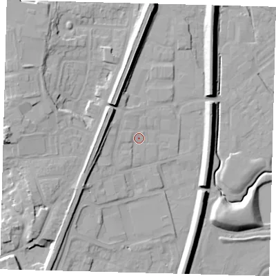 Shaded relief map of the ground around RH12NL, computed from Environment Agency LiDAR. The ground here sits at about 83 m above sea level and falls 16 m across the surrounding 800 m. Surface water reaching this point runs off ground lying to the west-north-west, 1.7 m higher.