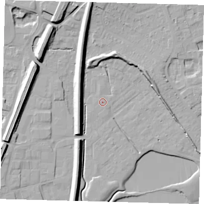 Shaded relief map of the ground around RH12NP, computed from Environment Agency LiDAR. The ground here sits at about 81 m above sea level and falls 15 m across the surrounding 800 m. Surface water reaching this point runs off ground lying to the east, 0.5 m higher.