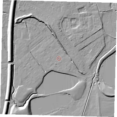 Shaded relief map of the ground around RH12PB, computed from Environment Agency LiDAR. The ground here sits at about 80 m above sea level and falls 15 m across the surrounding 800 m. Surface water reaching this point runs off ground lying to the north, 6.6 m higher.