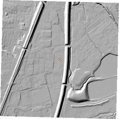 Shaded relief map of the ground around RH12PF, computed from Environment Agency LiDAR. The ground here sits at about 81 m above sea level and falls 15 m across the surrounding 800 m. Surface water reaching this point runs off ground lying to the west, 9.5 m higher.