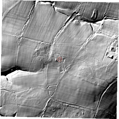 Shaded relief map of the ground around RH130PD, computed from Environment Agency LiDAR. The ground here sits at about 70 m above sea level and falls 34 m across the surrounding 800 m. Surface water reaching this point runs off ground lying to the east-south-east, 9.6 m higher.