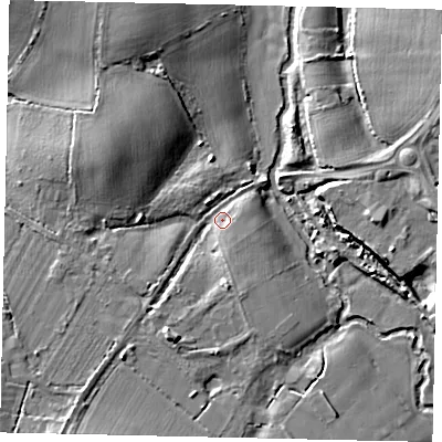 Shaded relief map of the ground around RH130QN, computed from Environment Agency LiDAR. The ground here sits at about 30 m above sea level and falls 8 m across the surrounding 800 m. Surface water reaching this point runs off ground lying to the south-west, 6.3 m higher.