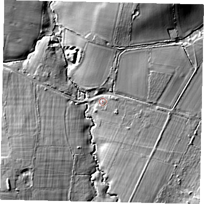 Shaded relief map of the ground around RH130QT, computed from Environment Agency LiDAR. The ground here sits at about 30 m above sea level and falls 11 m across the surrounding 800 m. Surface water reaching this point runs off ground lying to the south-east, 3.2 m higher.
