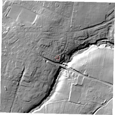 Shaded relief map of the ground around RH136EL, computed from Environment Agency LiDAR. The ground here sits at about 54 m above sea level and falls 23 m across the surrounding 800 m. Surface water reaching this point runs off ground lying to the north-west, 4.6 m higher.