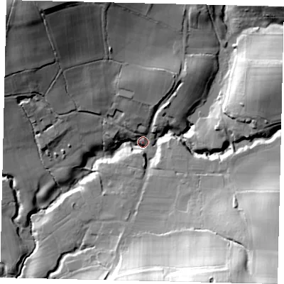 Shaded relief map of the ground around RH136LH, computed from Environment Agency LiDAR. The ground here sits at about 39 m above sea level and falls 45 m across the surrounding 800 m. Surface water reaching this point runs off ground lying to the north-west, 38.9 m higher.