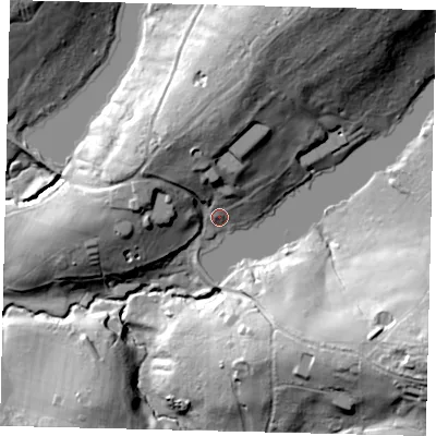 Shaded relief map of the ground around RH136PF, computed from Environment Agency LiDAR. The ground here sits at about 62 m above sea level and falls 44 m across the surrounding 800 m. Surface water reaching this point runs off ground lying to the north, 22.7 m higher.