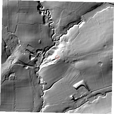 Shaded relief map of the ground around RH136QY, computed from Environment Agency LiDAR. The ground here sits at about 28 m above sea level and falls 20 m across the surrounding 800 m. Surface water reaching this point runs off ground lying to the south-east, 2.9 m higher.
