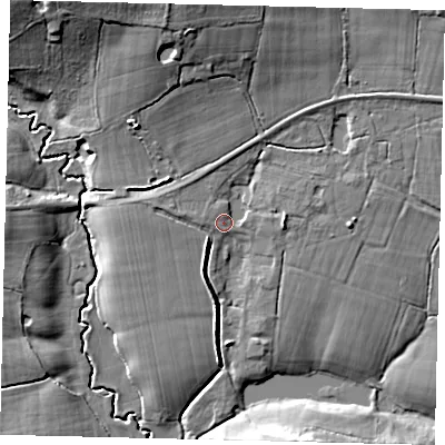 Shaded relief map of the ground around RH138AZ, computed from Environment Agency LiDAR. The ground here sits at about 17 m above sea level and falls 18 m across the surrounding 800 m. Surface water reaching this point runs off ground lying to the west, 1.3 m higher.