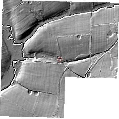 Shaded relief map of the ground around RH138BD, computed from Environment Agency LiDAR. The ground here sits at about 11 m above sea level and falls 18 m across the surrounding 800 m. Surface water reaching this point runs off ground lying to the east-south-east, 13.9 m higher.