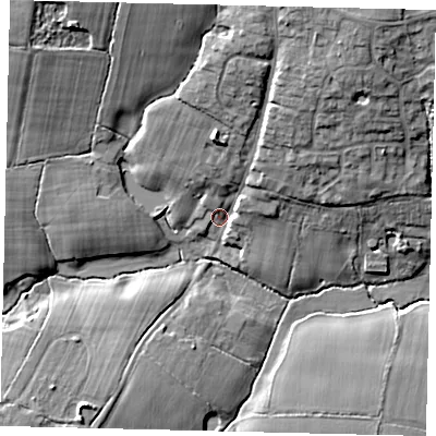 Shaded relief map of the ground around RH138DT, computed from Environment Agency LiDAR. The ground here sits at about 15 m above sea level and falls 19 m across the surrounding 800 m. Surface water reaching this point runs off ground lying to the north-east, 14.7 m higher.
