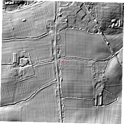 Shaded relief map of the ground around RH138EQ, computed from Environment Agency LiDAR. The ground here sits at about 10 m above sea level and falls 10 m across the surrounding 800 m. Surface water reaching this point runs off ground lying to the south, 2.0 m higher.