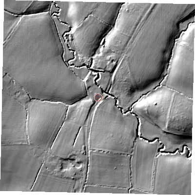 Shaded relief map of the ground around RH138GT, computed from Environment Agency LiDAR. The ground here sits at about 15 m above sea level and falls 13 m across the surrounding 800 m. Surface water reaching this point runs off ground lying to the west-south-west, 9.1 m higher.
