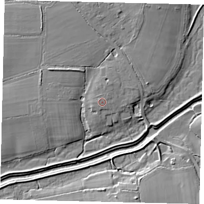 Shaded relief map of the ground around RH138HE, computed from Environment Agency LiDAR. The ground here sits at about 7 m above sea level and falls 9 m across the surrounding 800 m. Surface water reaching this point runs off ground lying to the north-east, 0.6 m higher.