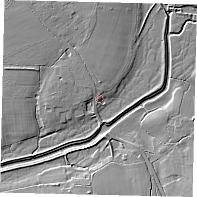 Shaded relief map of the ground around RH138HF, computed from Environment Agency LiDAR. The ground here sits at about 6 m above sea level and falls 10 m across the surrounding 800 m. Surface water reaching this point runs off ground lying to the north-north-west, 2.5 m higher.