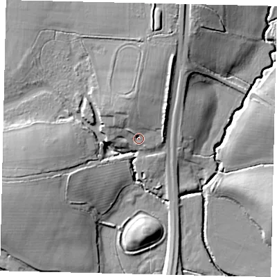 Shaded relief map of the ground around RH138LH, computed from Environment Agency LiDAR. The ground here sits at about 11 m above sea level and falls 16 m across the surrounding 800 m. Surface water reaching this point runs off ground lying to the north-north-east, 7.9 m higher.