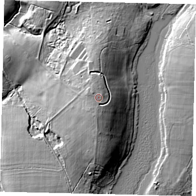 Shaded relief map of the ground around RH138LJ, computed from Environment Agency LiDAR. The ground here sits at about 23 m above sea level and falls 15 m across the surrounding 800 m. The ground contributing surface water to this point lies to the south.